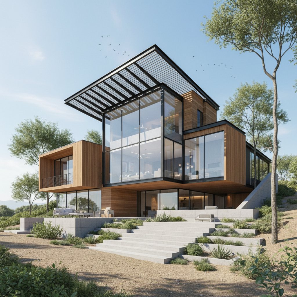 Photorealistic timber and glass hillside house derived from the sketch